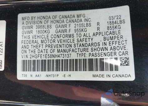 2022 Honda Civic Si Sedan from USA, damaged, VIN 2HGFE1E58NH473137